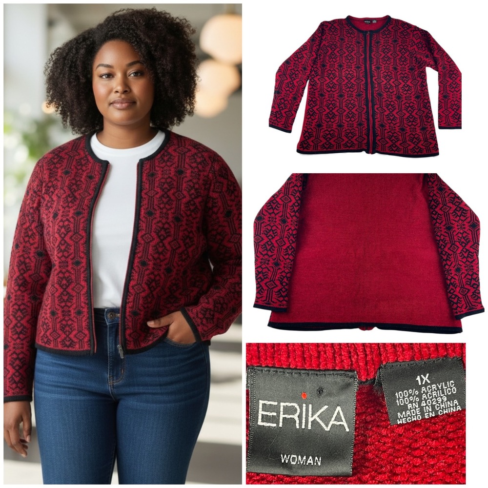 Erika‎ Woman Red Black Geometric Fair Isle Zip Up Cardigan Sweater 1X